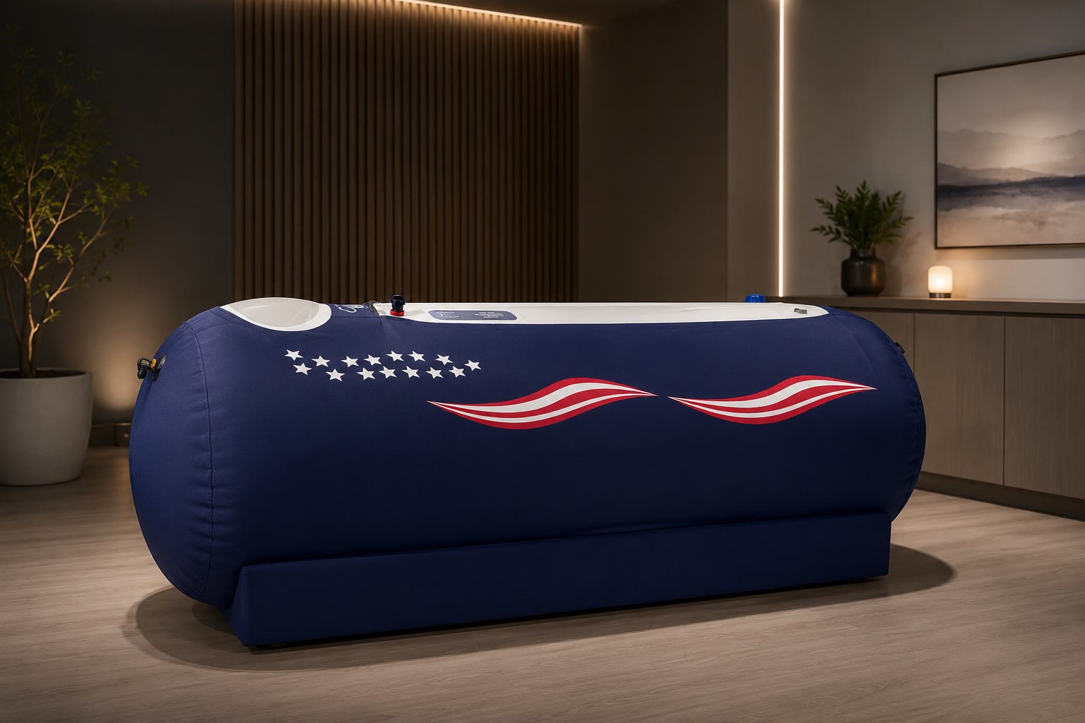 Hyperbaric oxygen therapy chamber in a calm treatment room